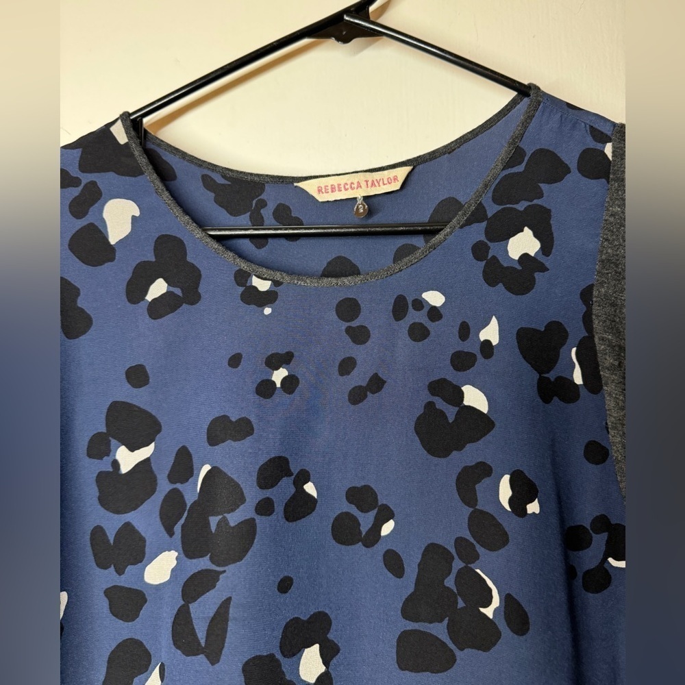 Rebecca Taylor Navy Blue Grey Leopard Animal Print Silk Wool Blend Blouse Size 2 - Picture 4 of 14